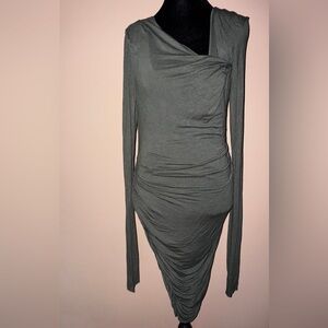 VENUS Asymmetrical Olive Long Sleeve Ruched Dress